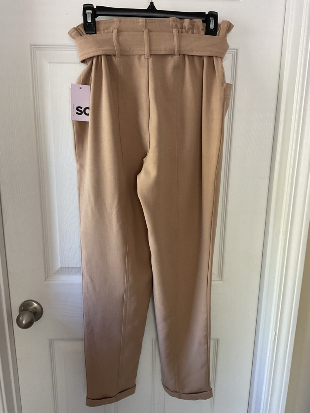 SO Beige Paperbag Waist Tapered Pants Tie Belt Women’s Size S NWT - Picture 2 of 10